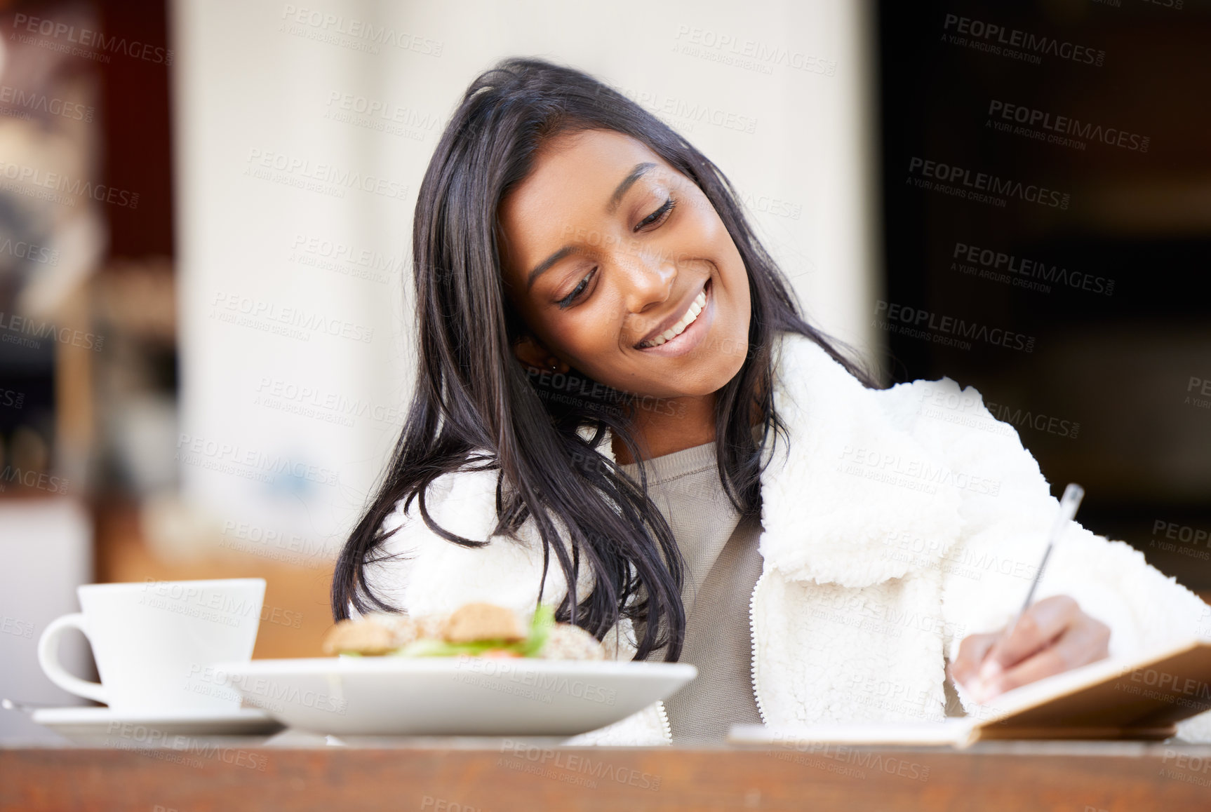 Buy stock photo Woman, writer and notebook at lunch in restaurant with smile, thinking and inspiration for novel. Girl, person and book with ideas, vision and happy at brunch cafeteria with creativity for story