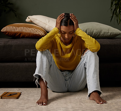 Buy stock photo Frustrated, student and girl in bedroom, anxiety and mental health for rejection to university and stress. Home, depressed and unhappy Indian person, floor and headache for fail, mistake and exam