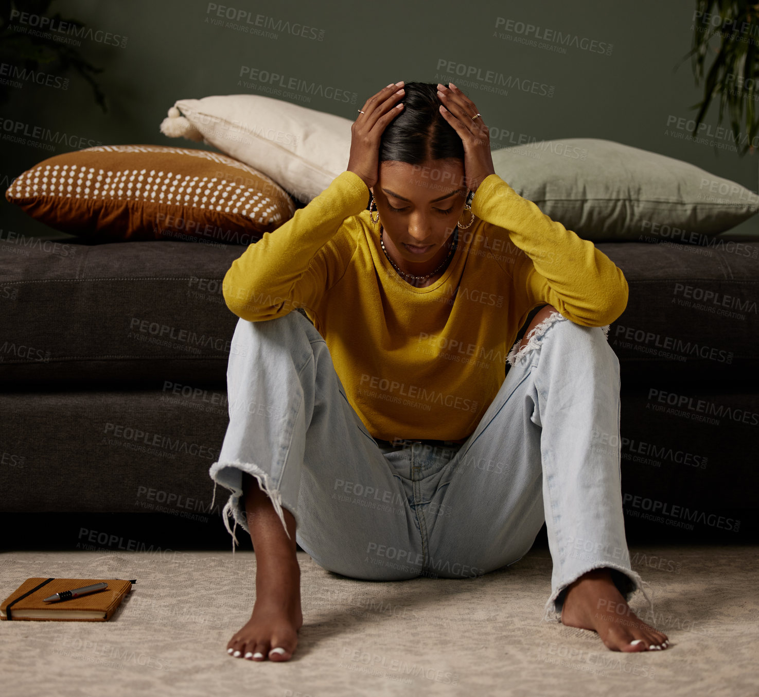 Buy stock photo Frustrated, student and girl in bedroom, anxiety and mental health for rejection to university and stress. Home, depressed and unhappy Indian person, floor and headache for fail, mistake and exam