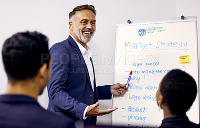Buy stock photo Whiteboard, presentation and manager with team in office for planning project with research. Collaboration, leadership and mature mentor work on marketing strategy with group at training or seminar.