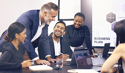 Buy stock photo Collaboration, meeting and planning with a business team laughing in the boardroom during a strategy workshop. Diversity, teamwork and funny with a group of colleague in the office for brainstorming