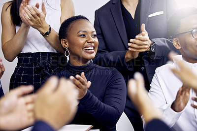Buy stock photo Applause, success and support with black woman in business meeting for conference, agreement and winner. Seminar, workshop and achievement with employees in office for target, promotion and goals