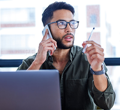 Buy stock photo Businessman, thinking and phone call in workplace for online communication, planning and networking. Male person, mobile and consultant in office for discussion, client and agenda in startup company