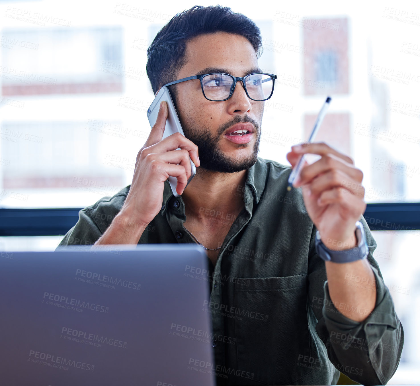 Buy stock photo Businessman, thinking and phone call in workplace for online communication, planning and networking. Male person, mobile and consultant in office for discussion, client and agenda in startup company