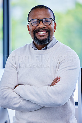 Buy stock photo Arms crossed, portrait and smile of business black man in office management with ambition or experience. Glasses, manager and trust with happy mature employee in professional workplace for career