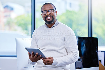 Buy stock photo Portrait, smile and tablet with business black man in office management for ambition or experience. Glasses, manager and technology with happy mature employee in professional workplace for career