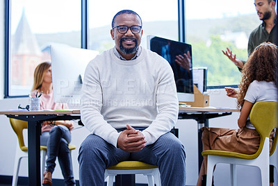 Buy stock photo Company, portrait and smile of business black man in office management with ambition or experience. Glasses, manager and happy mature employee with colleagues in professional workplace for career