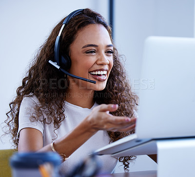 Buy stock photo Call center, laptop and funny woman talking in office for customer service. Contact us, computer and African female sales agent, consultant or telemarketing for crm, support or help, advice and happy