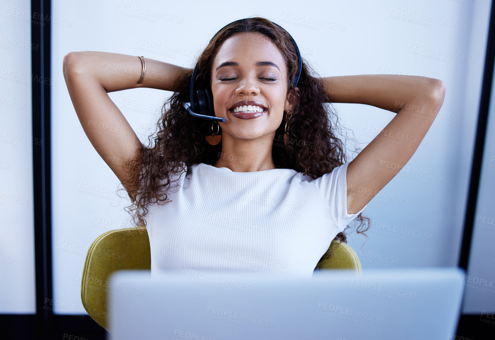 Buy stock photo Call center, happy or woman on break to relax communication in customer service help desk. Smile, stretching or calm sales agent consulting online at tech support to finish or end shift in CRM office