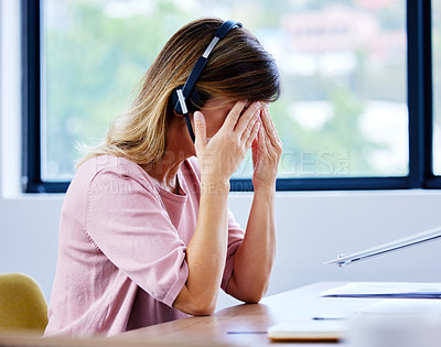 Buy stock photo Call center, stress or sad woman with headache pain with burnout, depression fatigue in telecom company. Anxiety, failure and tired consultant frustrated by migraine, crisis or sales job deadline 