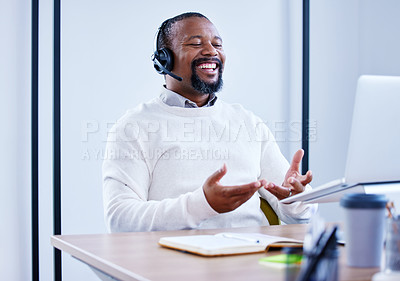 Buy stock photo Laptop, call center agent and funny black man in office for customer service. Happy, contact us and African male sales consultant, telemarketing employee or consulting for tech support, crm or advice