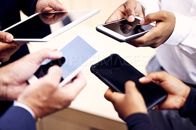 Buy stock photo Hands, teamwork and technology in workplace for networking, communication and research for startup. Diversity, collaboration and smartphone in office for agenda, planning and business development