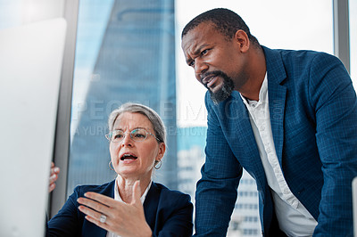 Buy stock photo Computer, woman and man in office with advice, problem solving and online proposal for business plan. Partnership, manager and consultant at desk together for project ideas, opinion and brainstorming