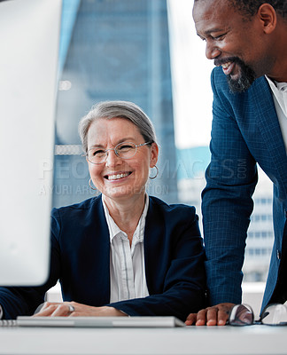 Buy stock photo Computer, woman and man in office with smile, advice and online proposal for business plan. Partnership, manager and consultant in happy discussion at desk, problem solving and  brainstorming ideas.