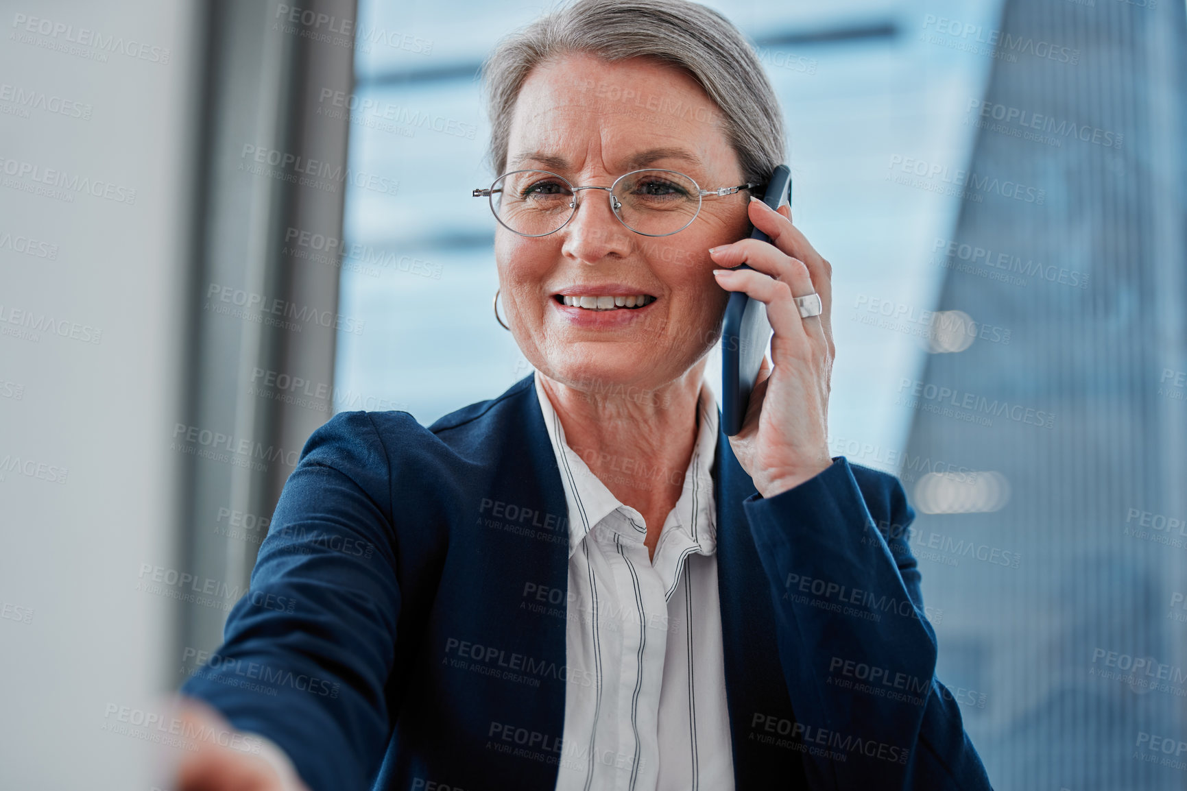 Buy stock photo Business, mature woman and phone call with connection, conversation and planning with schedule for project. Senior person, agent and consultant with cellphone, network and digital app with discussion