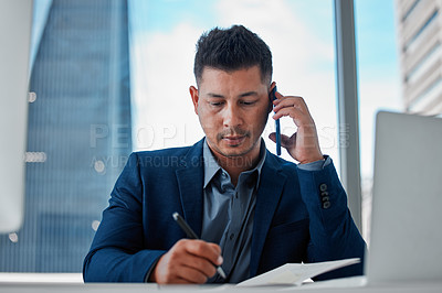 Buy stock photo Phone call, business man and writing notes for deal, info or planning schedule reminder in corporate office. Smartphone, notebook and serious advisor talking for connection, listening or conversation