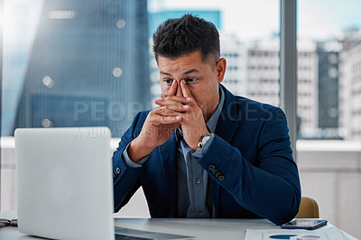 Buy stock photo Businessman, frustrated and anxious in office with laptop for 404 error, profit loss and project mistake. Worried, accountant and fail by desk with bad internet, software glitch and work problem