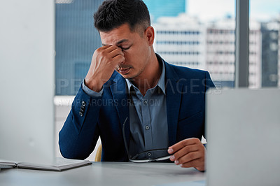 Buy stock photo Business man, eye strain and tension in office, stress and bad mental health or burnout and pc glitch. Male person, migraine and frustration for headache, anxiety and fail or bankrupt accountant