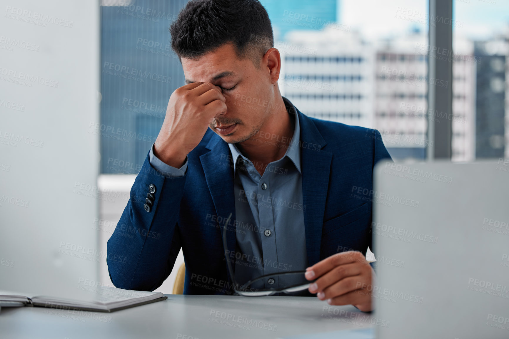 Buy stock photo Business man, eye strain and tension in office, stress and bad mental health or burnout and pc glitch. Male person, migraine and frustration for headache, anxiety and fail or bankrupt accountant