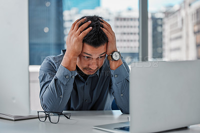 Buy stock photo Business man, stress and laptop in office, mistake and bad mental health or burnout and 404 glitch. Male person, tax debt and frustration for digital audit, anxiety and fail or bankrupt accountant