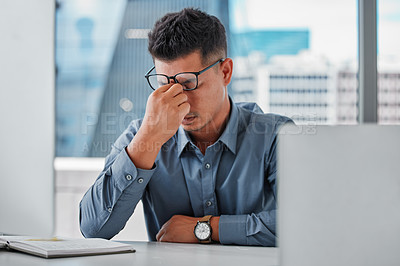 Buy stock photo Business, burnout and man with headache, eye pain and anxiety with mental health, depression and overworked. Person, agent or consultant with migraine, mistake or bankruptcy with company risk or fail