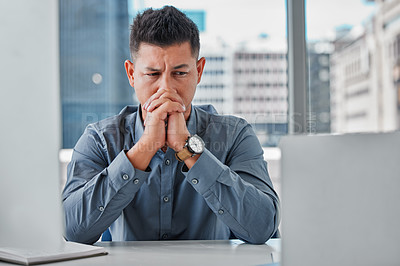 Buy stock photo Businessman, frustrated and distress by desk for problem with 404 error, profit loss and project mistake. Worried, accountant and fail in office with bad internet, software glitch and anxious worker