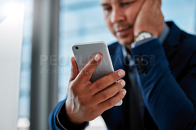 Buy stock photo Hand, phone and text message with business man in office for communication, networking or problem solving. App, contact and social media with corporate employee reading info at desk in workplace