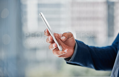 Buy stock photo Hand, phone and text message with business person in office for communication, networking or research. App, email and social media with corporate employee reading info in professional workplace