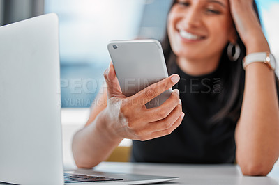 Buy stock photo Phone, smile and woman with laptop, office and reading in social media, post and internet of workplace. Entrepreneur, online and person with mobile, happiness and email in app, writer and desk