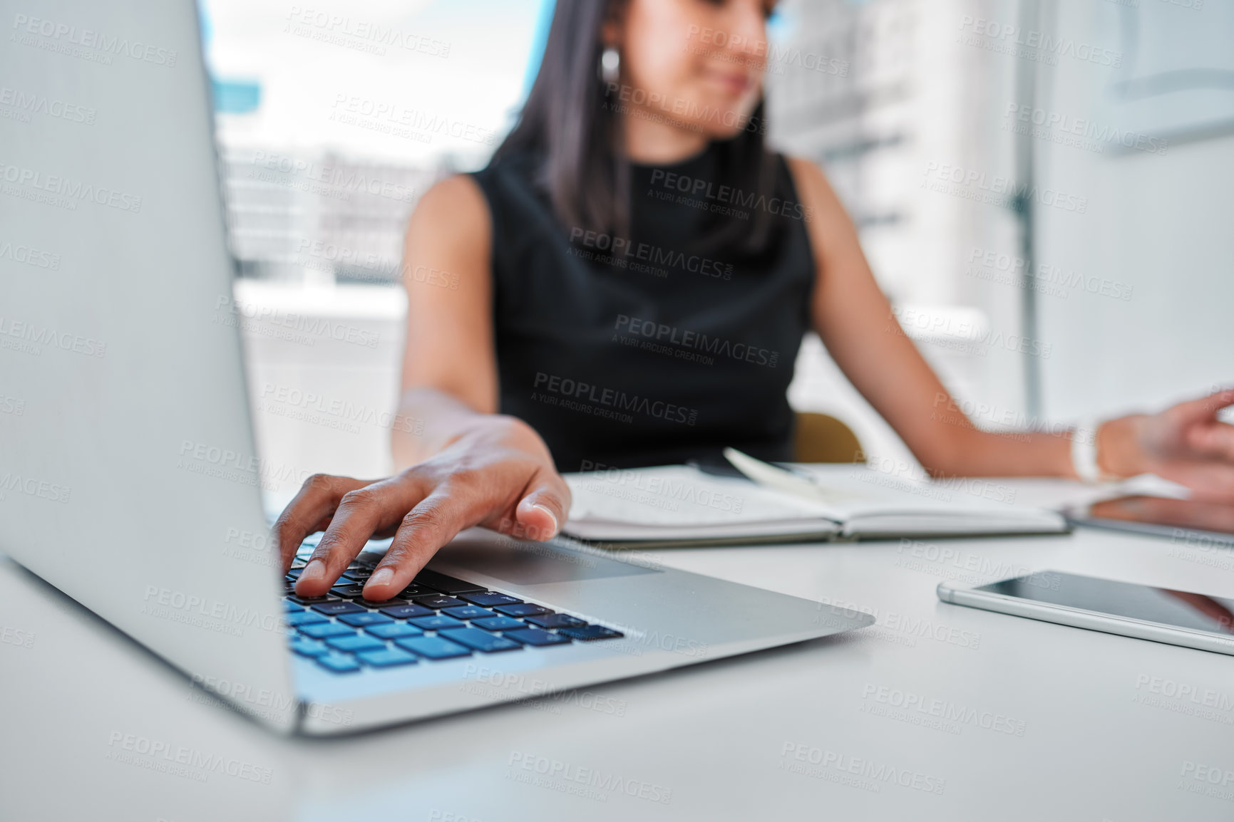 Buy stock photo Business, girl and multitask in office with technology for online admin work as secretary or receptionist. Female employee or administrator, digital devices and workload pressure for task deadline.