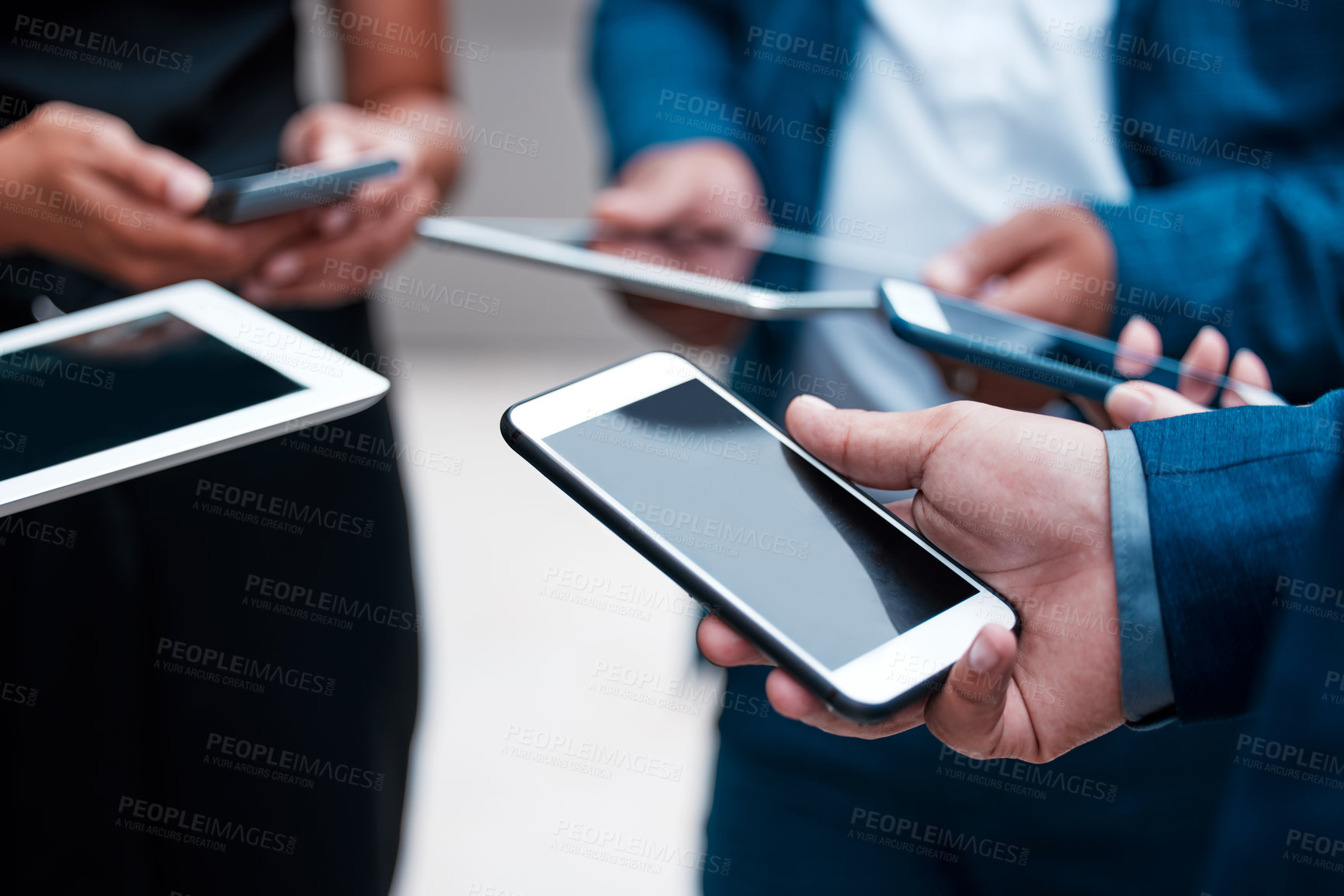 Buy stock photo Hands, phone and tablet for collaboration, meeting and corporate discussion or app. Businesspeople, circle and screen for team, connection and brainstorming with technology and internet planning