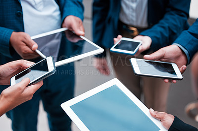 Buy stock photo Hands, phone and tablet for discussion, meeting and corporate collaboration or app. Businesspeople, circle and screen for cloud, connection and brainstorming with technology and internet planning