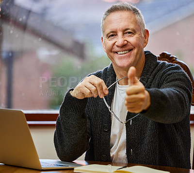 Buy stock photo Portrait, senior man and laptop with thumbs up for remote work, agreement and schedule planning. Mature male therapist, home and emoji for yes with online counseling, telehealth and home on internet