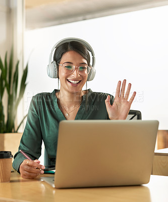 Buy stock photo Virtual meeting, business woman and wave on a video call with headphones and greeting. Laptop, working and female employee with webinar at a company with computer and digital communication at office