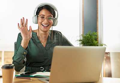 Buy stock photo Virtual meeting, business woman and happy wave on a video call with headphones and greeting. Laptop, working and female employee with company webinar and computer with digital communication at office