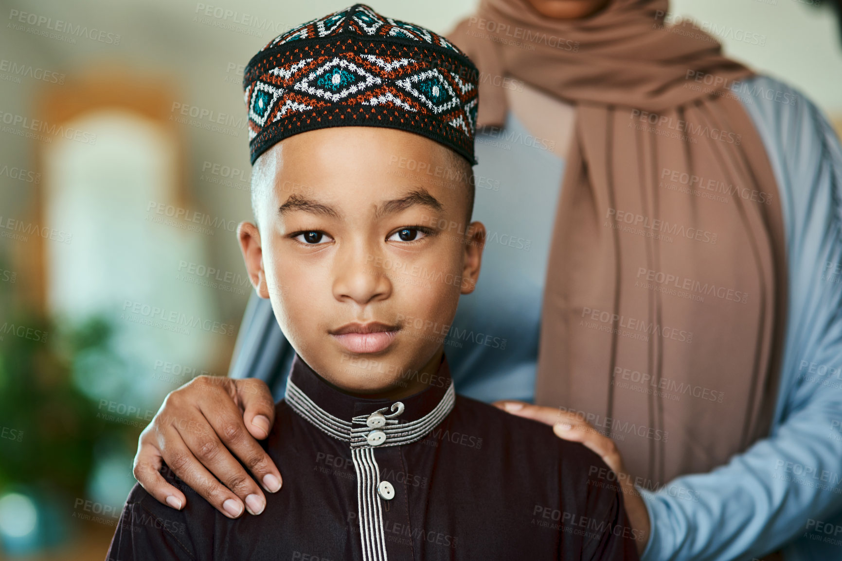 Buy stock photo Muslim family, mom and child in home with portrait, love and smile for islamic new year celebration. Muharram mubarak, woman and parent in living room with happy son, tradition or cultural fashion