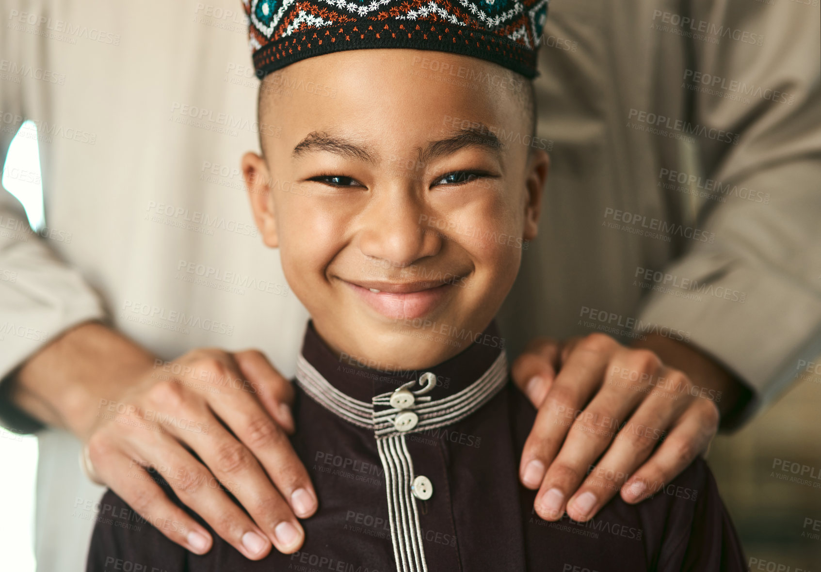 Buy stock photo Shot a young boy stand with his father at home