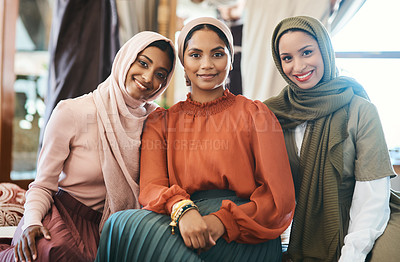 Buy stock photo Shot of a group of muslim women relaxing together