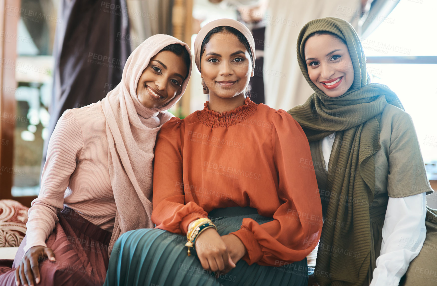 Buy stock photo Shot of a group of muslim women relaxing together