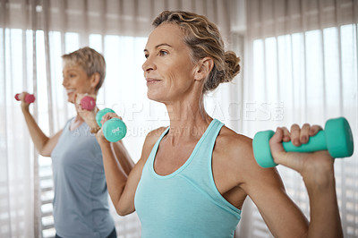 Buy stock photo Shot of to mature women exercising together at home