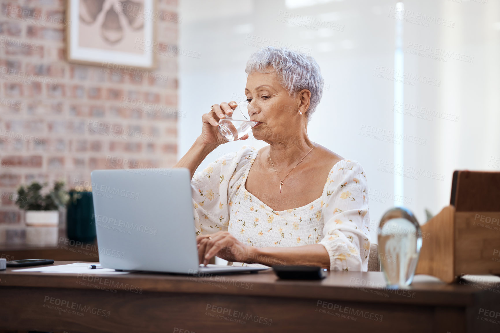 Buy stock photo Shot of a senior woman using a laptop and drinking water at home