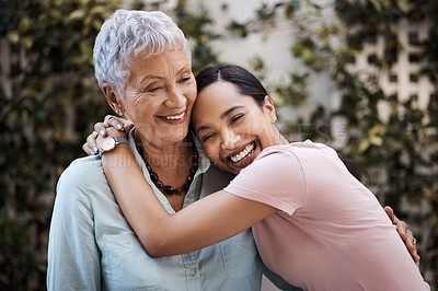 Buy stock photo Happy, hug and portrait of a mother and woman in a garden on mothers day with love and gratitude. Smile, family and an adult daughter hugging a senior mom in a backyard or park for happiness