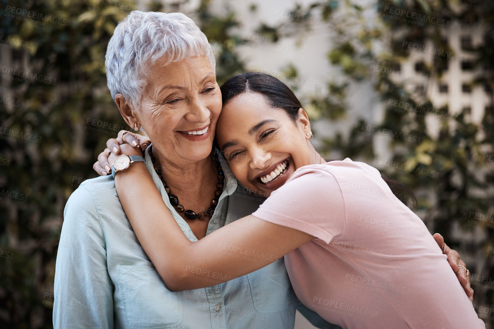 Buy stock photo Happy, hug and portrait of a mother and woman in a garden on mothers day with love and gratitude. Smile, family and an adult daughter hugging a senior mom in a backyard or park for happiness