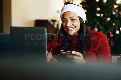 Buy stock photo Credit card, laptop and Christmas woman online shopping, e commerce and fintech for home product marketing, advertising and promotion sale. Black woman on digital payment for house holiday decoration