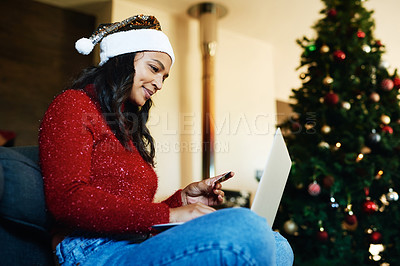 Buy stock photo Christmas, ecommerce and woman with credit card and laptop, payment for shopping, internet and holiday sale. Xmas online shopping, customer and buy on retail website, e commerce and banking at home.