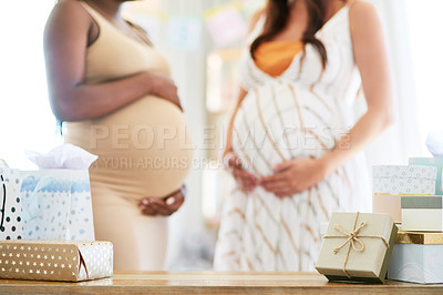 Buy stock photo Shot of two women holding their baby bumps together