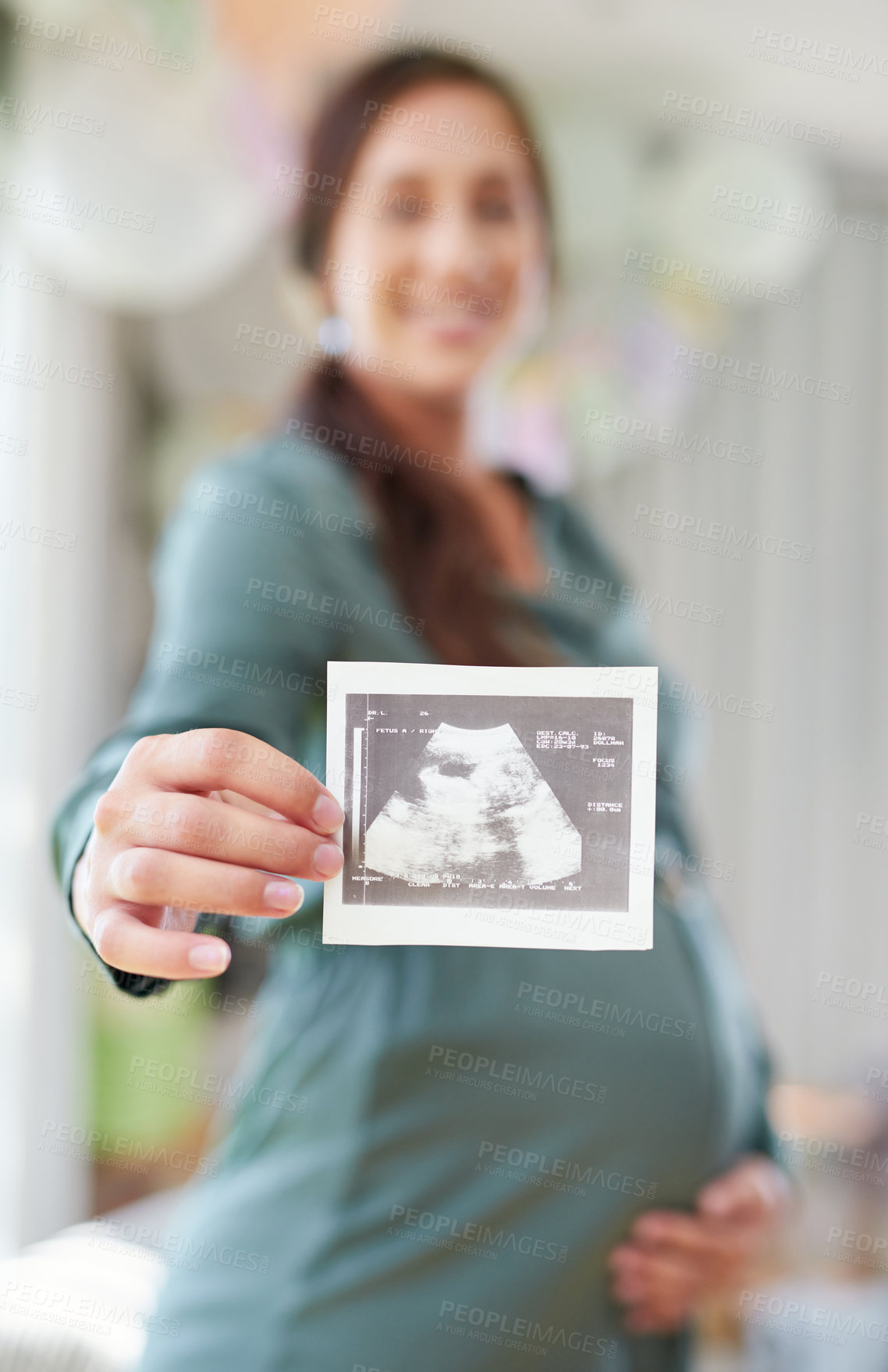 Buy stock photo Ultrasound, hand or pregnant woman with picture in home, fetal development record or maternity wellness. Prenatal growth, sonogram or person with scan image at baby shower, expecting mother or future