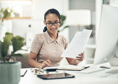Buy stock photo Finance intern, career or financial employee learning her banking budgeting on a calculator. Young accountant, money insurance advisor or investment planner working on tax, cash or accounting papers