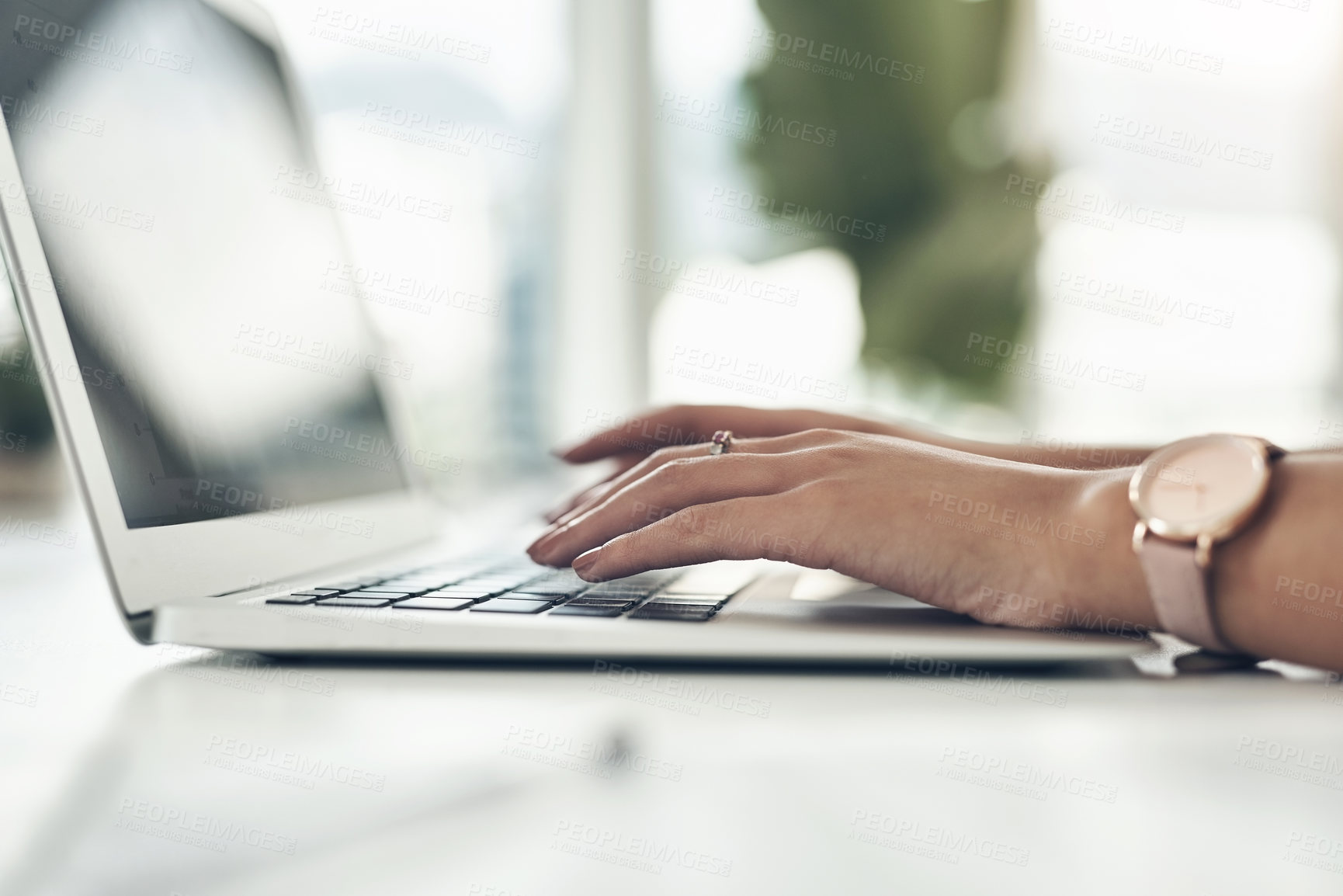 Buy stock photo Closeup hands of manager typing on laptop, reviewing employee contracts or planning office schedule. Human resource professional, hiring boss or leader innovating team building exercise on technology