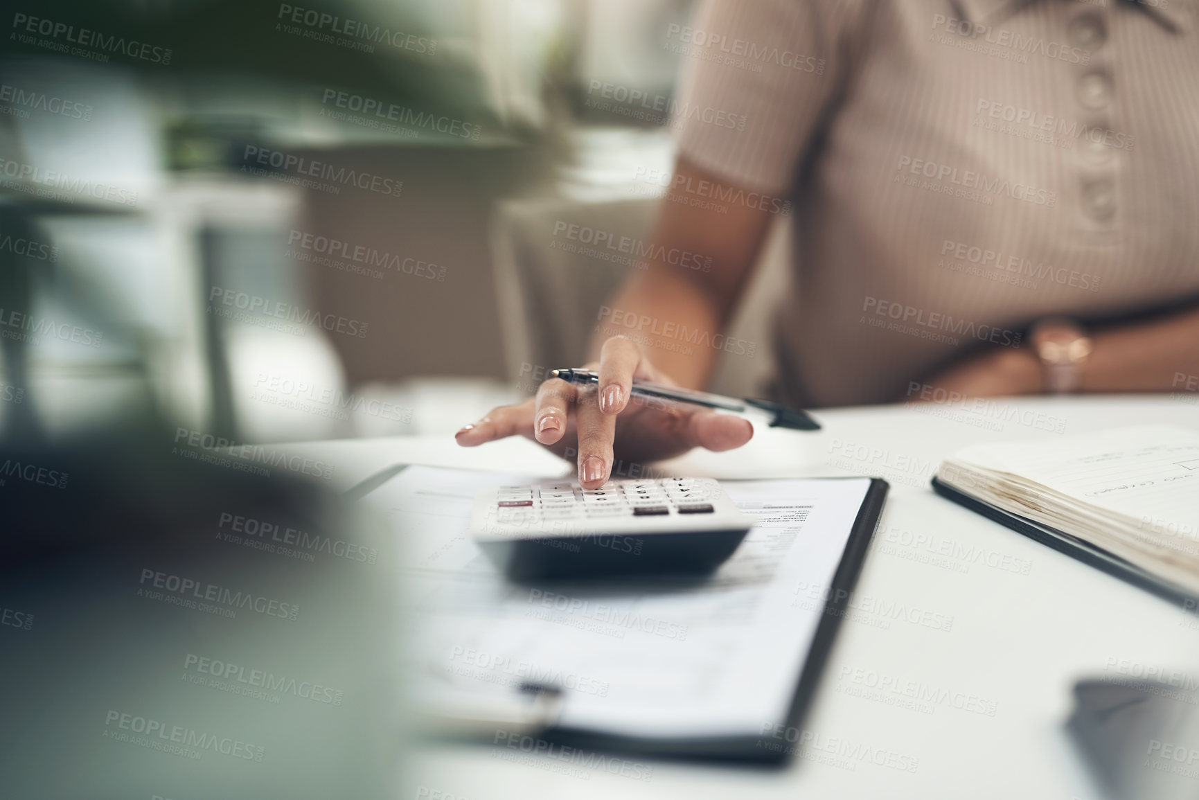 Buy stock photo Accountant, finance and business woman calculating a budget or expense in her office. Closeup of a financial advisor planning tax payment, savings or investment for a company using a calculator